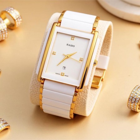RADO Integral Quartz White Dial Gold Plated Ceramic Mens Watch