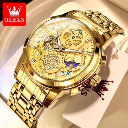 OLEVS 9947 Golden Mens Fashion Waterproof Stainless Steel Quartz Watch